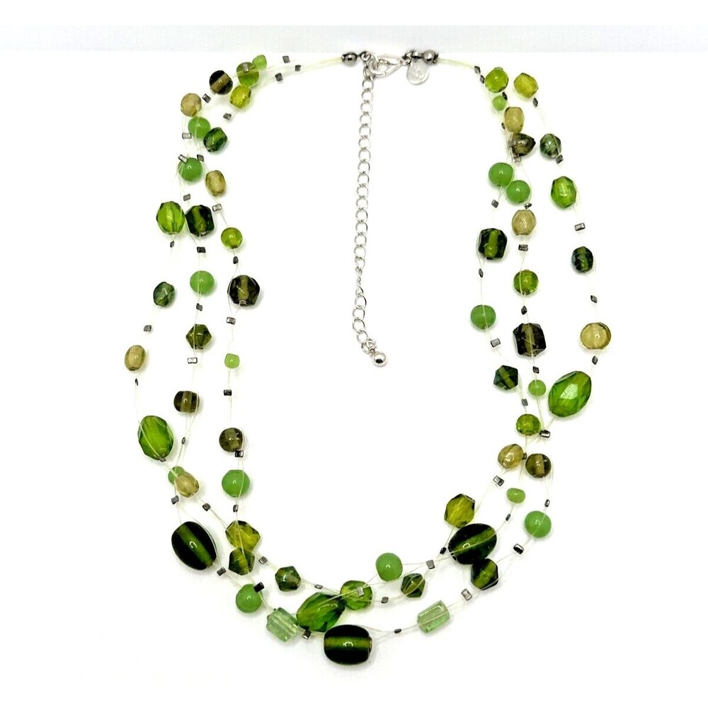 Vintage Vicky Jousan Multi Strand Necklace Green Glass Floating Beads 18"